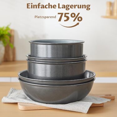 Набір каструль BEZIA 17 предметів з знімним ручкою, антипригарне покриття з кераміки, набір каструль для індукційних плит, підходить для всіх типів плит, стійкий до нагріву, посуд для кемпінгу, посуд для духовки (темно-сірий)