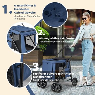 Візок для собак COSTWAY, складаний, до 40 кг, з подушкою, з сітковими віконцями, верхньою полицею, 2 дверцятами та бічними кишенями, блакитний