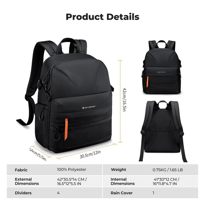 Фоторюкзак K&F Concept 25L для фотографа та відеографа: легкий, з дощовиком та знімними перегородками, відділення для штатива