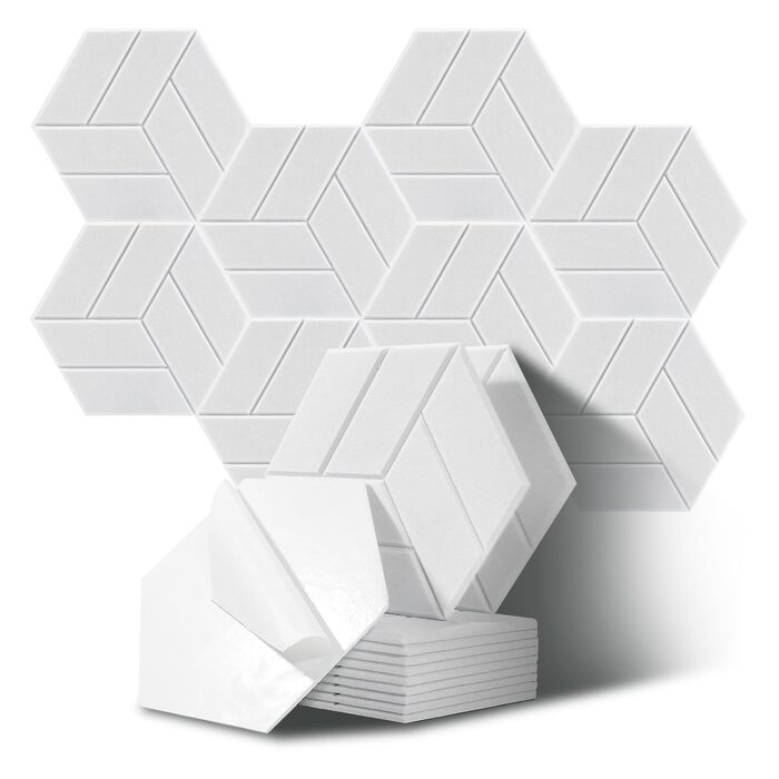 Набір самоклеючих акустичних панелей гексагон 12 шт, звукопоглинаючий акустичний поролон для студії, офісу та геймерської кімнати (30x26x0.9 см), білий