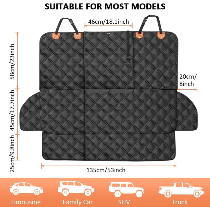 KYG Pet Seat Cover - Waterproof, Non-Slip, Scratch-Resistant Back Seat Cover for Dogs & Kids - Includes Seat Belt for Dogs - Fits Most Cars, Trucks & SUVs - 135x56x45cm, Removable