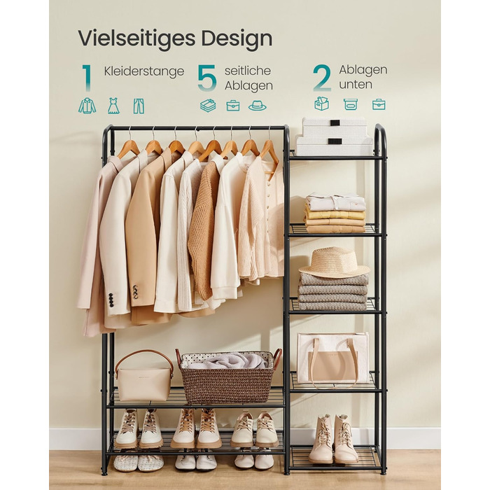 SONGMICS Clothes Rack, Open Closet, Clothes Rail, Coat Rack with Shelves, Metal Wardrobe, Freestanding, Matte Black LGR462B01