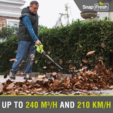 Акумуляторний повітродув SnapFresh 20В, 210 км/год, 240 м³/год, з акумулятором і зарядним, 2 швидкості, легкий 1,2 кг, для саду та газону, зелений