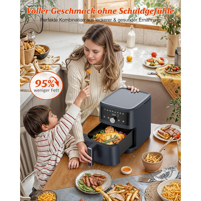 Аерофритюрниця Innsky 6 л, 8-в-1, електрична Heißluftfritteuse XXL, 1500 Вт, LED-сенсор, енергоощадна, тиха (50 дБ), для 3-5 осіб, сіра, квадратна, можна мити в посудомийці