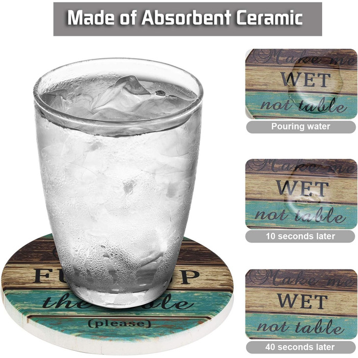 Drink coasters, absorbent, Esur fun ceramic coaster set of 6 with metal holder, rustic cork bottom table protector, farmhouse style bar, home decor, housewarming gift