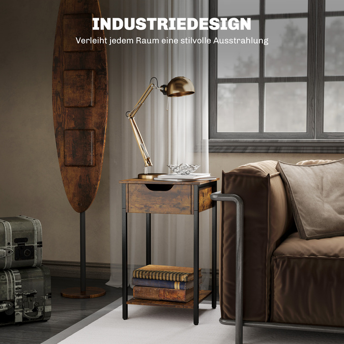 HOMCOM Side Table, Coffee Table in Industrial Design, Coffee Table with Steel Frame, for Living Room, Bedroom, 40 x 40 x 68 cm, Rustic Brown | Aosom
