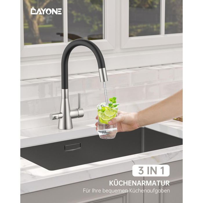 Кухонний змішувач Dayone з висувним виливом, нержавіюча сталь SUS304, високий тиск, 360° обертання, 2 функції, для кухні