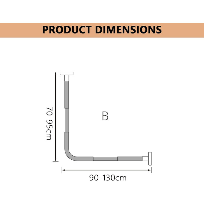 Регульована штанга для душу L-подібної форми без свердління, штанга для душу з нержавіючої сталі 304, розширювана кутаста штанга для душу, без кріплення до стелі, для розмірів (Розмір:Колір:) (Ш 70-95см x 90-130см, Чорний)