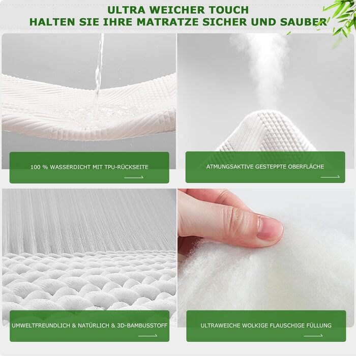 GRT Mattress Protector waterproof 180x200cm, 3D-Air Bamboo Fiber Cooling Mattress Cover & washable incontinence pad, breathable, ultra-soft and noiseless, suitable for mattresses up to 30 cm height