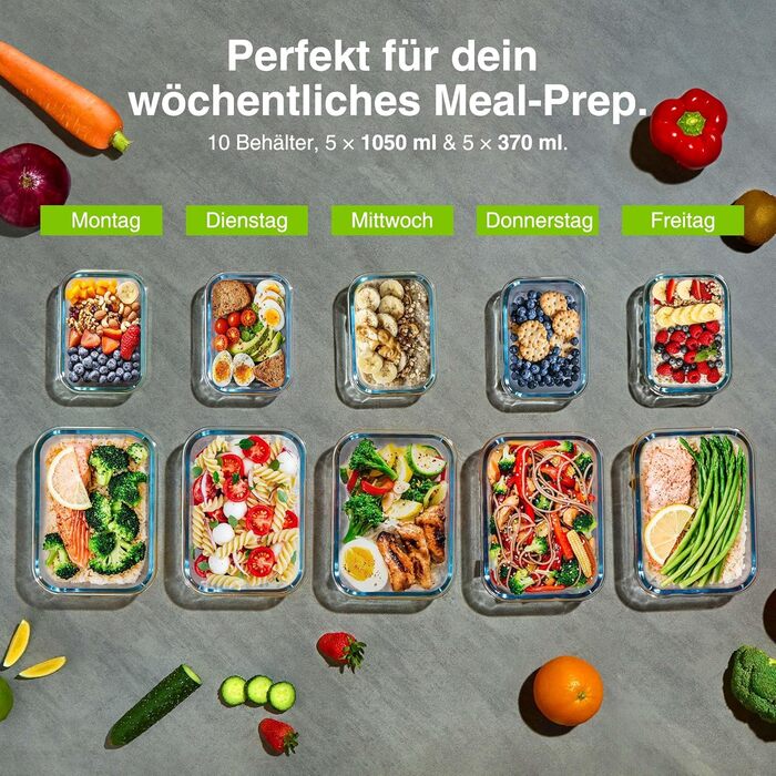 Набір контейнерів VonShef для зберігання їжі (10 шт.) – 1050 мл та 370 мл, придатні для духовки та мікрохвильової печі, миючі в посудомийній машині, герметичні та витікання, ідеальні для приготування їжі на тиждень
