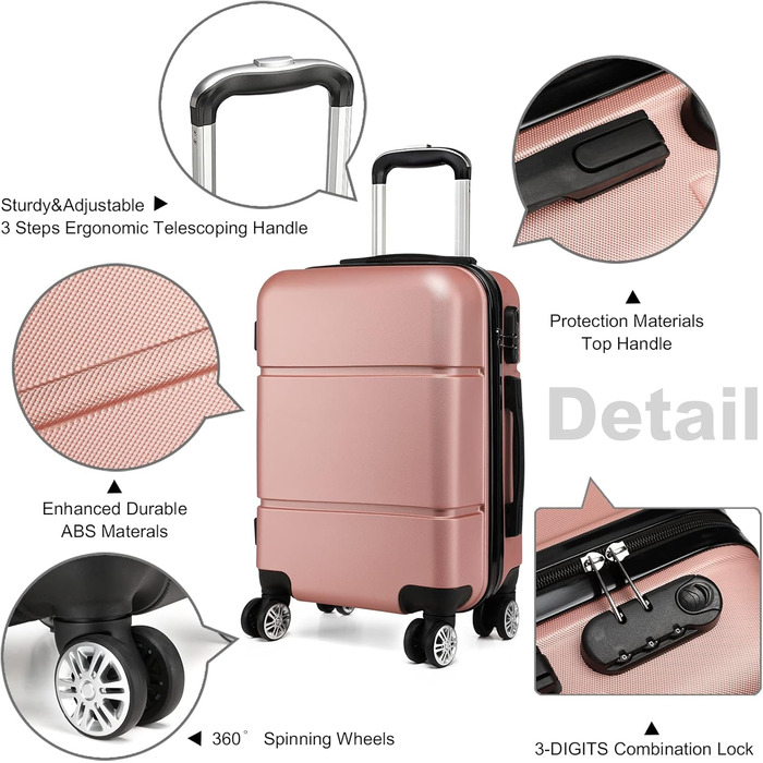 Валіза ручної поклажі KONO 55x38x22 см, 33 літри, ABS, рожево-золотий колір