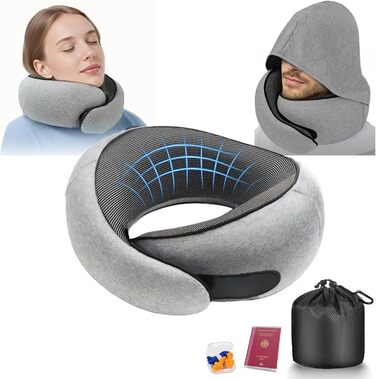 Подушка для шиї з регульованою капюшоном та 360° підтримкою шиї | Ергономічна подушка з піною з пам'яті для подорожей (літак, авто) | З чохлом для подорожей та берушами | Дихаюча та пральна (світло-сіра)