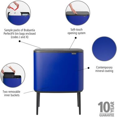 Сміттєвий відер Brabantia Bo Touch Bin 36 л, металевий, з двома внутрішніми відрами (11 л + 23 л), Mineral Powerful Blue, 54 x 32 x 68 см
