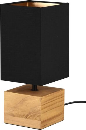 Настільна лампа Reality Leuchten Woody R50181080 з дерев'яним цоколем, чорний матовий метал, абажур з тканини золотого кольору, без лампочки E27 (12x12 см)
