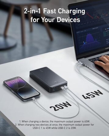 Powerbank Anker 537 PowerCore 24K (65W) - 24000mAh, чорний. Сумісний з MacBook Pro, Dell XPS, iPad Pro, iPhone, iWatch
