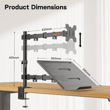 Кріплення для монітора Redbat з відділенням для ноутбука, Dual Screens, повністю регульоване для LCD LED екранів 13-32 дюймів до 8 кг та ноутбуків до 16 дюймів, нахил, поворот та обертання, 2 способи кріплення