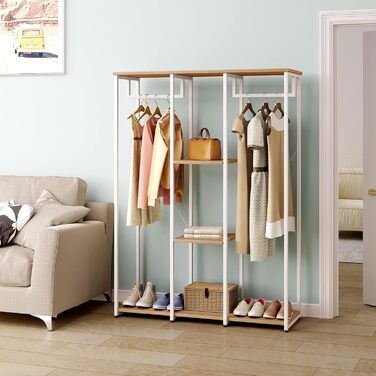 WOLTU XXXL Clothes Rack Freestanding with Shelf Laundry Rack Wardrobe Open Clothes Rail with Shoe Shelf for Bedroom, Wood and Steel, Black + Light Oak (White+light Oak)