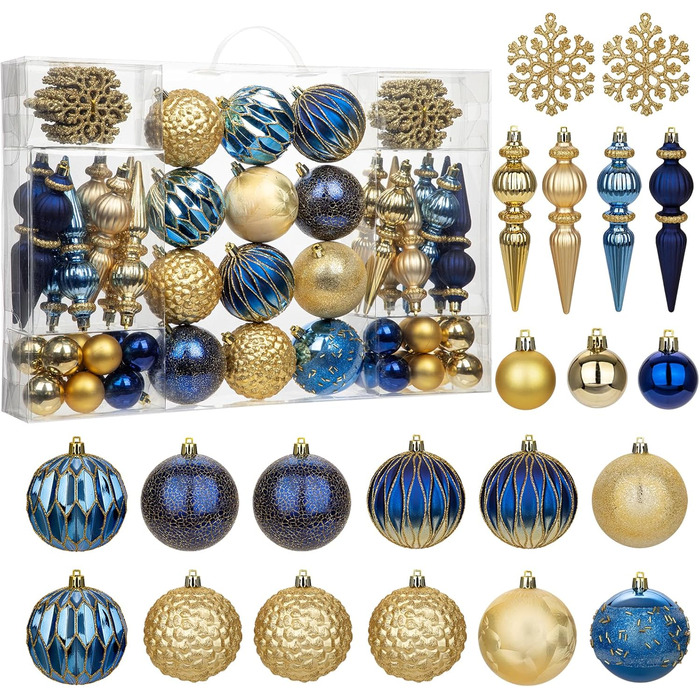 Набір прикрас для ялинки 92 шт. – Стійкі до пошкоджень ялинкові кулі блакитного та золотого кольорів – прикраси для ялинки, вінка, різдвяний декор