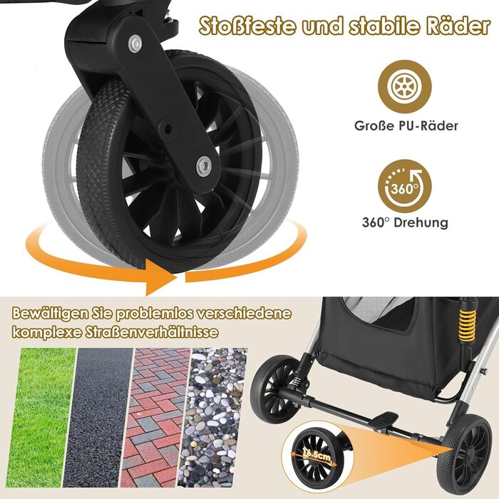 Візок для собак Mamizо 3-в-1: візок, переноска, сумка. До 20 кг, поворотні колеса, кошик, тримач для напоїв, для собак та котів (сріблястий, чорний)