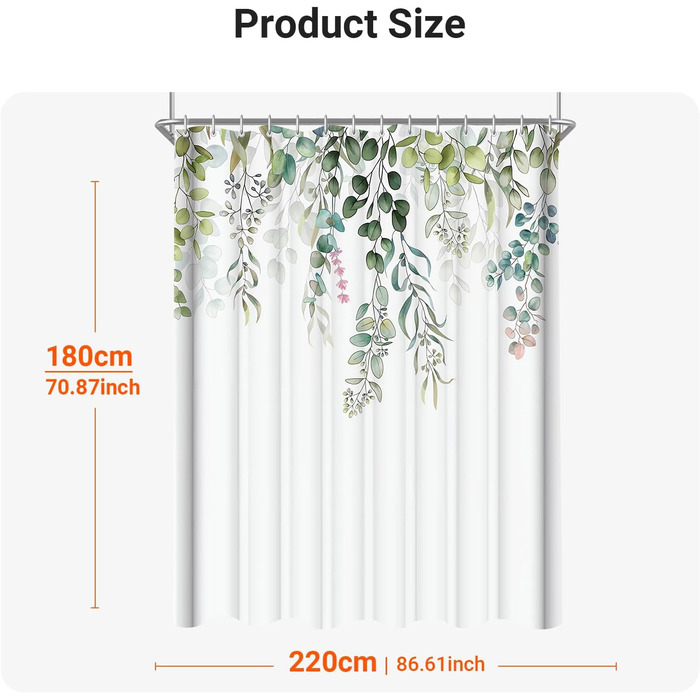 Штора для душу 200x200 см, зелені листки, антигрибкова, водовідштовхувальна, текстильна, поліестер, з кільцями (12 шт.) для ванної кімнати