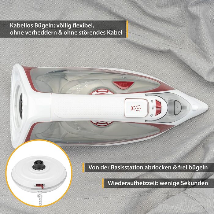 Пароочищувач TZS First Austria 2400W бездротовий з базою, керамічна підошва, вертикальне прасування, 450 мл резервуар, регулювання температури та інтенсивності пари, захист від протікання (білий/червоний)