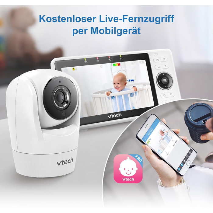 Vtech VM901-1W WiFi камера: розумний дитячий монітор з 5-дюймовим HD-дисплеєм, 1080P, поворотна камера, мобільний додаток, широкий кут огляду 120°, сумісність з iOS та Android