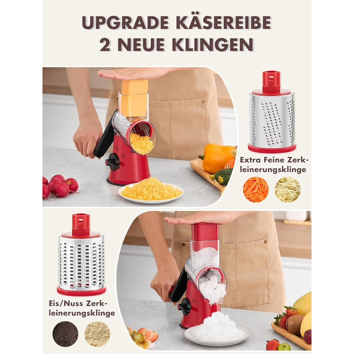 Тертка для сиру GDL з ручкою, оновлена терка для овочів з 5 дисками, терка-нарізач для овочів, зручна та швидка, терка для сиру, морозива, горіхів, огірків, моркви (червона)