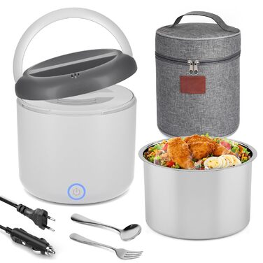 Електрична ланчбокс 80W для дорослих з термосумкою, нержавіюча сталь, виделка та ложка, 2 контейнери по 1.5л, 3-в-1, 12/24/110~230V, витокозахист, ланчбокс для авто, вантажівки, офісу (сірий, 1.2л, євро-штекер)