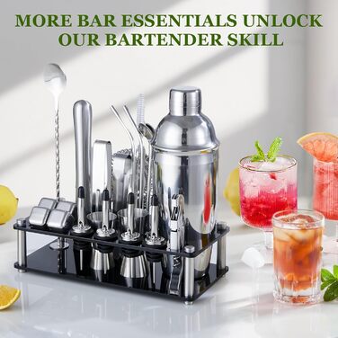 Sliver 23-Piece Stainless Steel Cocktail Shaker Set with Acrylic Stand & Recipe Book - Professional Bartender Bar Tools for Drinks, Whiskey Stones