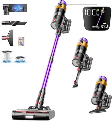 Бездротовий акумуляторний пилосос 45000 Па/550 Вт/70 хв, 1.8 л з OLED-екраном та антизаплутана насадка для підлоги, для твердих поверхонь, килимів, шерсті тварин