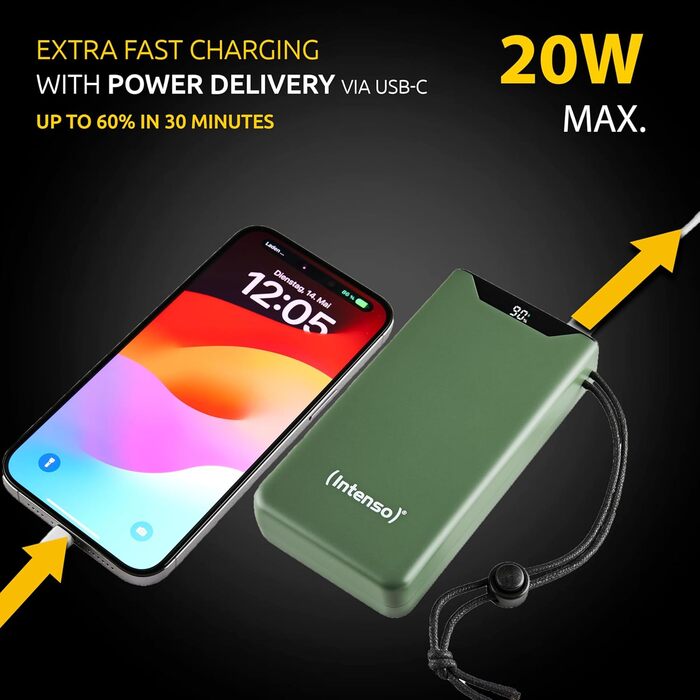 Power Bank Intenso F10000: 10000mAh, USB-C, USB-A, 20W PD, 18W QC, Жовтий