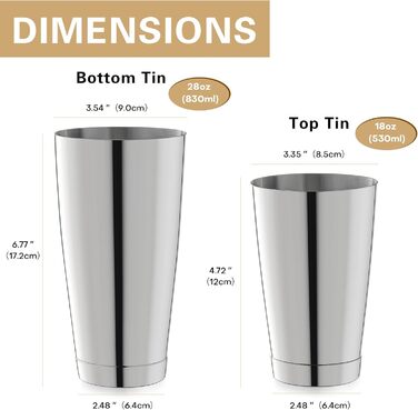 Коктейльний шейкер WOTOR Boston 18oz + 28oz (набір 3 шт) з нержавіючої сталі, ситечко, подвійний джигер, професійний барний інвентар (срібло)