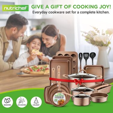 NutriChef 20-Piece Nonstick Cookware Set - PTFE/PFOA/PFOS-Free Heat Resistant Lacquer Kitchenware with Saucepan, Frying Pans, Cookware Pots, Oven Pot, Lids, Kitchen Utensils, Matte Gold