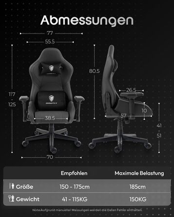 Ігровий крісло Dowinx з 4D підлокітниками, функцією гойдання 15° та регулюванням спинки до 165°, масажний, ергономічний, дизайн у стилі гоночного авто, до 135 кг, чорний