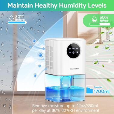 Електричний осушувач повітря для дому PKBOSS 1700ml - тихий, компактний, з нічним світлом та таймером для спальні, ванної кімнати, кухні. Захист від цвілі, білий