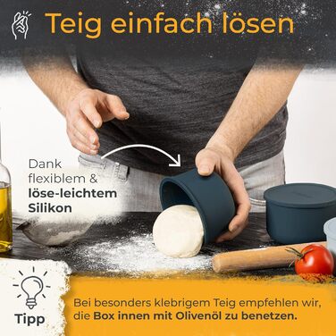 Pizza Ball Box with Lid, Set of 4 - Space-saving dough box made of non-stick silicone - Up to 350g pizza dough box - Proofing box, pizza accessory, pizza box - Black/Grey - Ø13cm