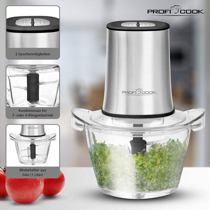 Подрібнювач ProfiCook PC-MZ 1150 з скляною чашею 1л, 2 ножі з нержавіючої сталі, 2 швидкості, функція кришення льоду