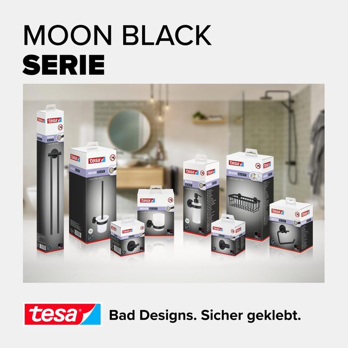 Тримач для туалетного паперу tesa Moon Black з кришкою, матовий чорний, настінний без свердління, з клеєм, 53x140x128 мм