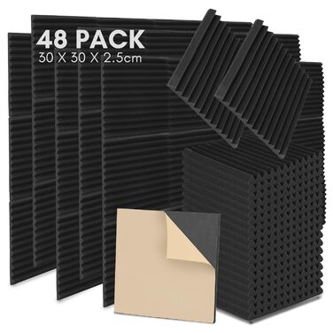 Самоклеящийся акустичний поролон Sonnewelt 5x30x30 см, 3D панелі для звукоізоляції та поглинання ехо, шумопоглинаючі плитки для студії, офісу та дому (48 шт, чорний, піраміда)