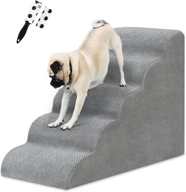 LIANTRAL Dog Stairs, 3 Steps Dog Staircase for Bed and Sofa, Made of High-Density Sponge, Cat Stairs Dog Ramp with Removable, Washable Cover and Pet Hair Remover Roller, 40 cm High (5 Steps Grey)