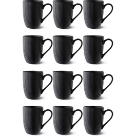 Set of 12 Coffee Cups - Modern Black Design - Unique Stripe Pattern - Matte Ceramic - Microwave Safe - Dishwasher Safe & Comfortable Handle
