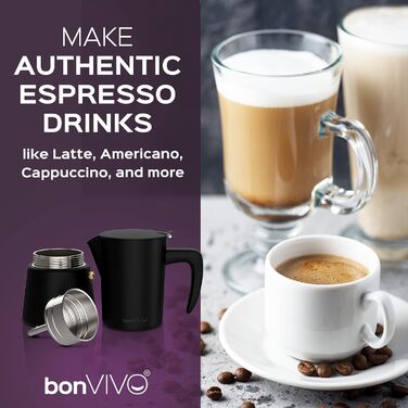 bonVIVO Espresso Maker Induction Compatible - Stainless Steel Coffee Maker in Black Finish w. Water Kettle & Filter - Moka Pot 6 Cups - 300 ml - Christmas Gifts for the Household Black 6 Cups - 300 ml