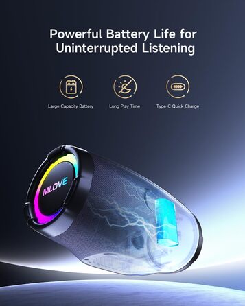 Портативна Bluetooth колонка MLOVE E90 80W з RGB підсвіткою, водонепроникна IP65, TWS, стереозвук для вечірок на природі