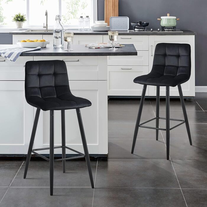 Velvet Bar Stools Set of 2 - Black Bar Chairs with Backrest, 66cm Seat Height, 50x45x94cm - Modern Counter Stools for Kitchen Island