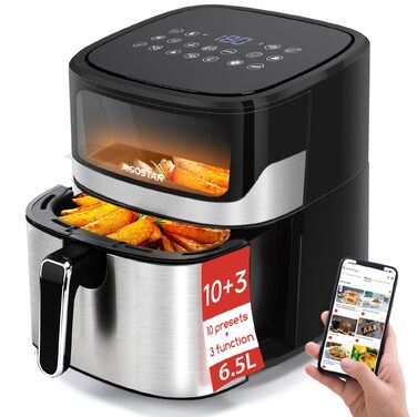 Аерофритюрниця Aigostar XXL 6.5л з вікном, 1600Вт, сенсорне керування, 12 програм, безмасляна фритюрниця з антипригарним покриттям, чорна