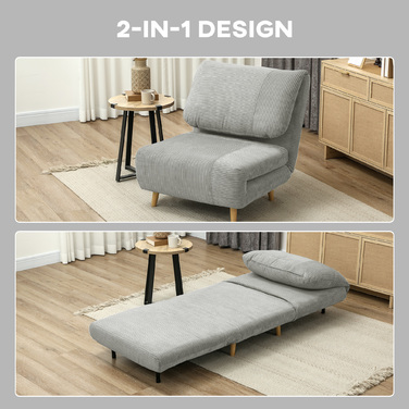 HOMCOM 2-in-1 Sleeper Sofa, Convertible Sleeper Chair, Adjustable Folding Mattress Guest Bed with Corduroy Look, for Bedroom, Living Room Grey 82 x 89 x 83 cm | Aosom