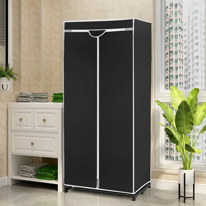 GIANTEX Wardrobe Clothes Closet with Clothes Rod & Shelf, Folding Closet 74 x 50 x 172 cm, Clothes Rack Metal Frame with Dust Cover, for Bedroom Dressing Room (Black)