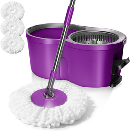 Мастхом Вішмоп-Еймерсистема: обертовий моп 360°, відро з вичавкою, мікрофібра, 3 насадки, система для миття підлоги (фіолетовий)