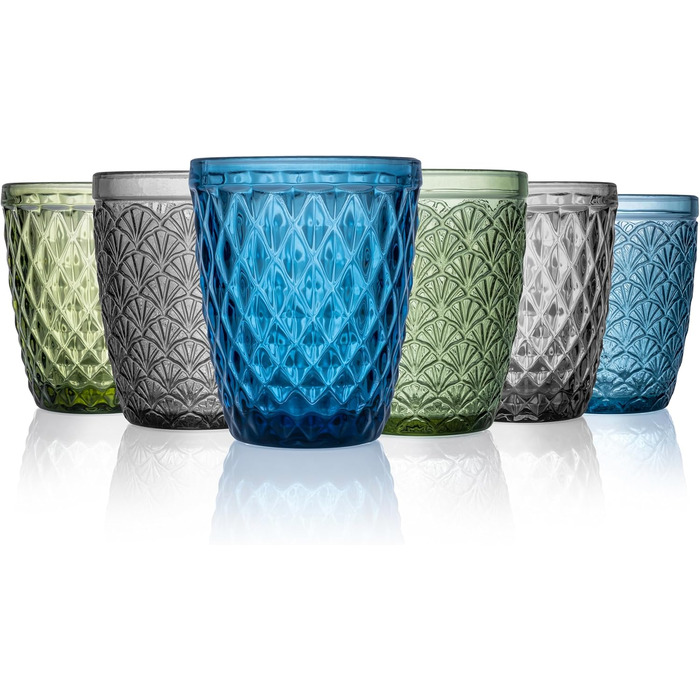 Norqvist Drinking Glasses Set Colorful - Glass Set - Colored Water Glasses, Juice Glasses - Set of 6, 250 ml - Dishwasher Safe - Modern Design with Patterns