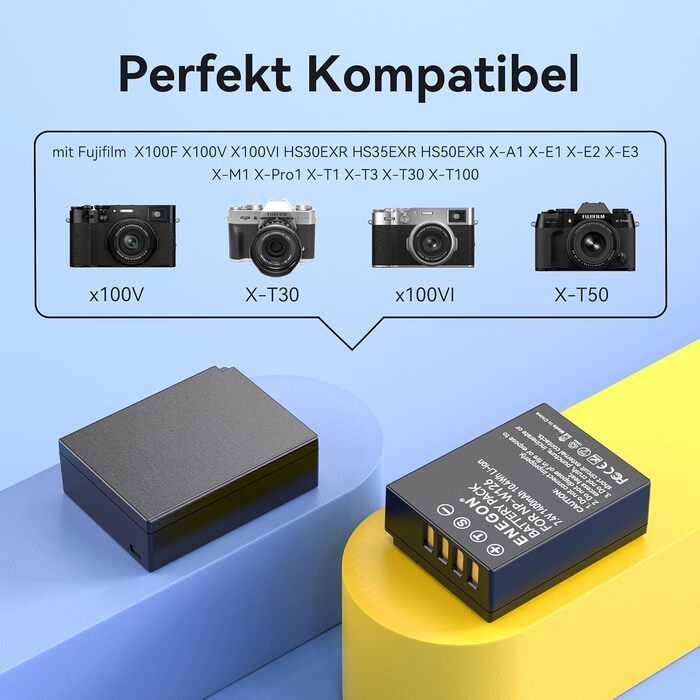 Акумулятор ENEGON NP-W126S/NP-W126 (2 шт.) та подвійний USB-зарядний пристрій для Fujifilm X100V, X100VI, X-M5, X-T1/T3/T30/T100, X-A1, X-E1, X-E2, X-E3, X-M1, X-Pro1, HS30EXR, HS35EXR, HS50EXR